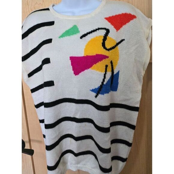 Vintage 80s Sleeveless Knit Top With Bold Geometric Design & Stripes Womens L - Picture 2 of 11